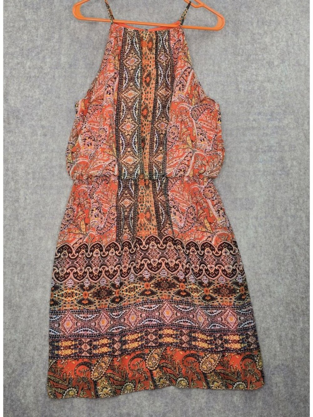 Halter Neck Sleeveless Paisley Print Womens Dress Orange & Multi Polyester Boho